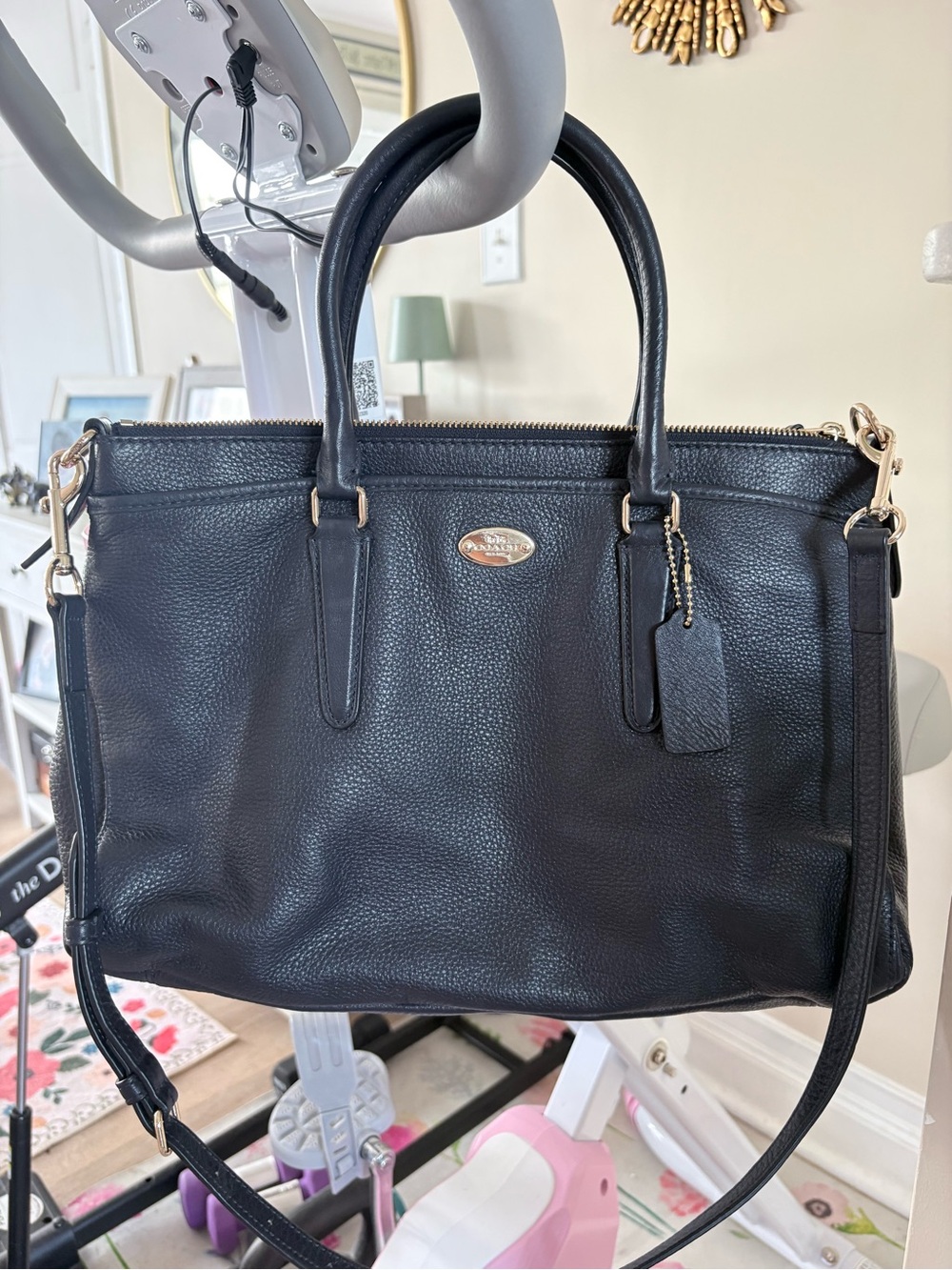 Coach Black Pebbled Leather Tote with Gold Accents